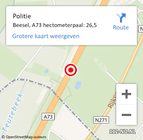Locatie op kaart van de 112 melding: Politie Beesel, A73 hectometerpaal: 26,5 op 28 maart 2024 15:53