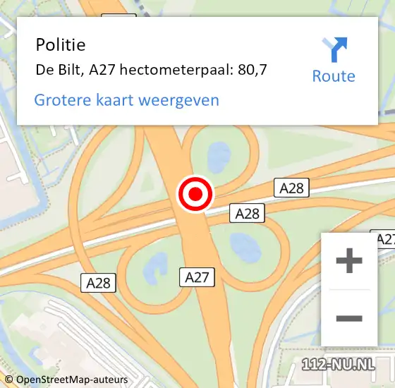 Locatie op kaart van de 112 melding: Politie De Bilt, A27 hectometerpaal: 80,7 op 28 maart 2024 16:13