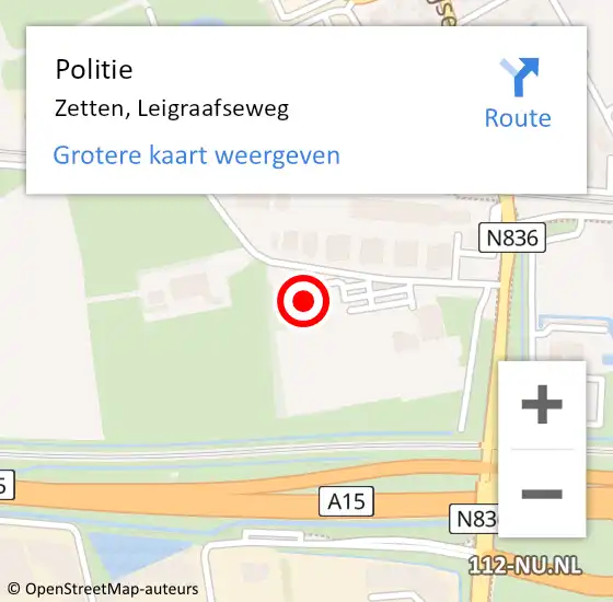 Locatie op kaart van de 112 melding: Politie Zetten, Leigraafseweg op 28 maart 2024 16:14