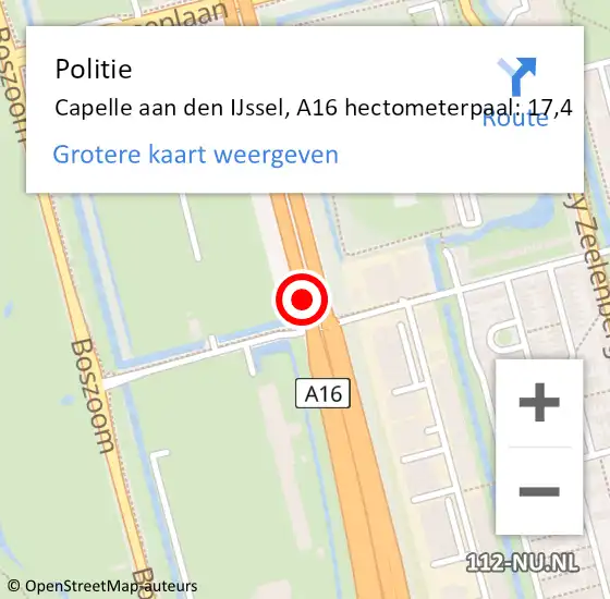 Locatie op kaart van de 112 melding: Politie Capelle aan den IJssel, A16 hectometerpaal: 17,4 op 28 maart 2024 16:59
