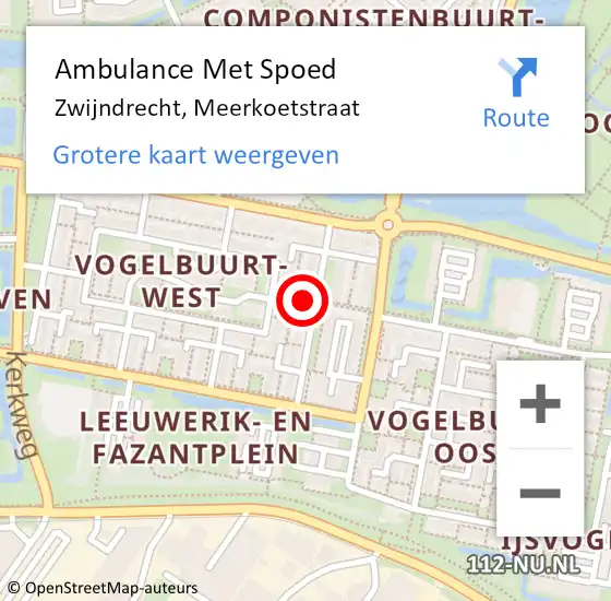 Locatie op kaart van de 112 melding: Ambulance Met Spoed Naar Zwijndrecht, Meerkoetstraat op 29 maart 2024 01:36