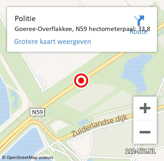 Locatie op kaart van de 112 melding: Politie Goeree-Overflakkee, N59 hectometerpaal: 33,8 op 29 maart 2024 06:41