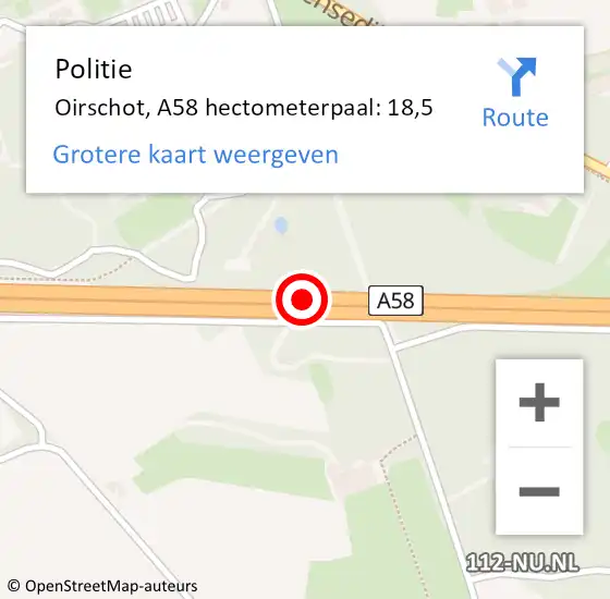 Locatie op kaart van de 112 melding: Politie Oirschot, A58 hectometerpaal: 18,5 op 29 maart 2024 10:19