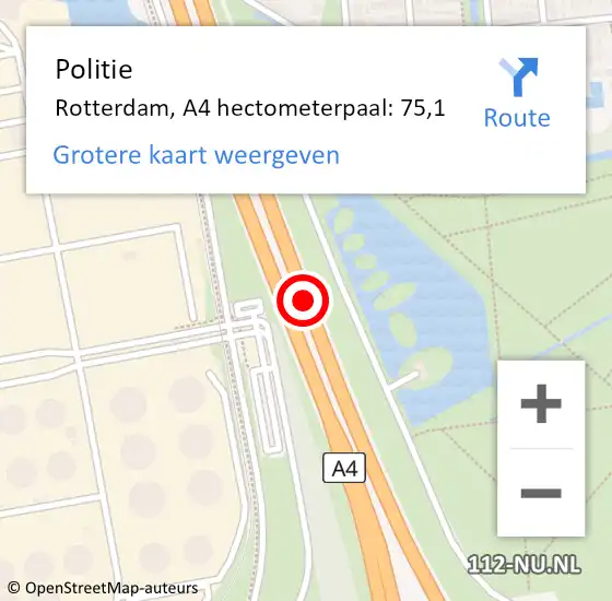 Locatie op kaart van de 112 melding: Politie Rotterdam, A4 hectometerpaal: 75,1 op 29 maart 2024 11:37