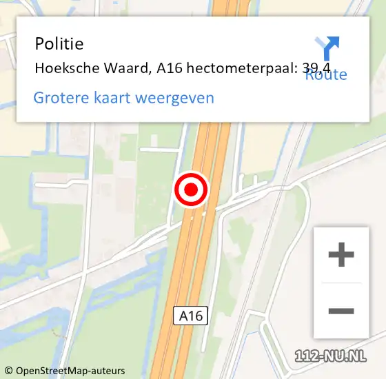 Locatie op kaart van de 112 melding: Politie Hoeksche Waard, A16 hectometerpaal: 39,4 op 29 maart 2024 12:43