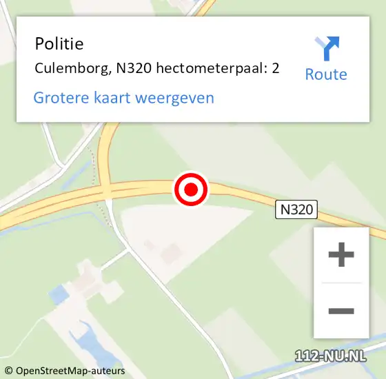 Locatie op kaart van de 112 melding: Politie Culemborg, N320 hectometerpaal: 2 op 29 maart 2024 15:42