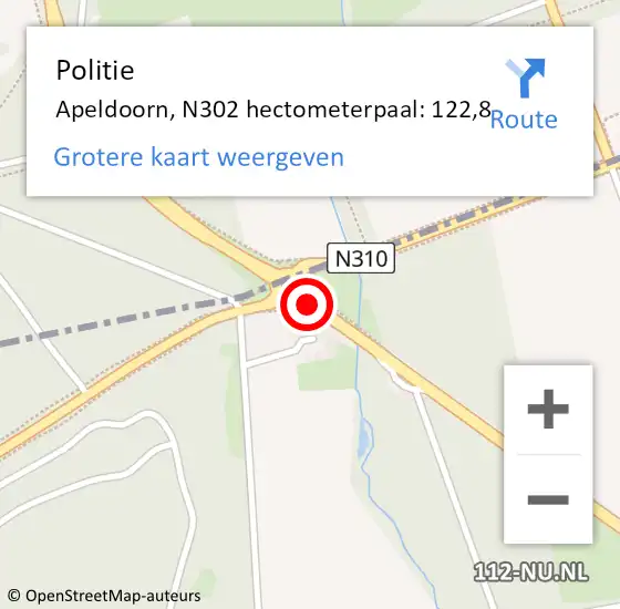 Locatie op kaart van de 112 melding: Politie Apeldoorn, N302 hectometerpaal: 122,8 op 29 maart 2024 16:01