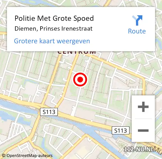 Locatie op kaart van de 112 melding: Politie Met Grote Spoed Naar Diemen, Prinses Irenestraat op 29 maart 2024 17:12