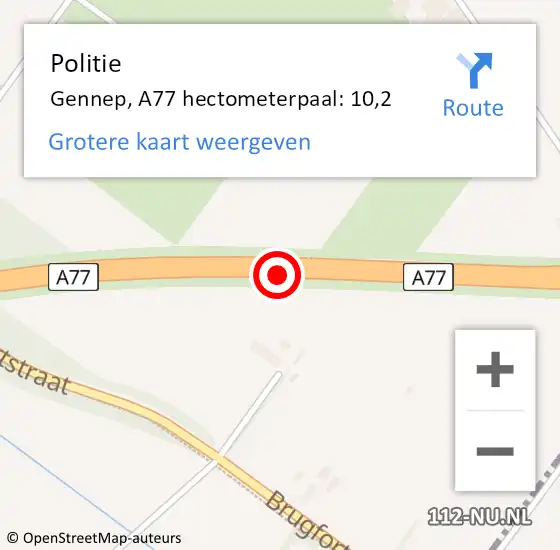 Locatie op kaart van de 112 melding: Politie Gennep, A77 hectometerpaal: 10,2 op 29 maart 2024 21:01