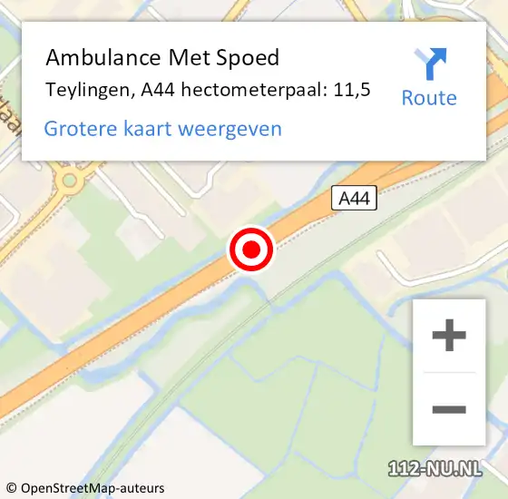 Locatie op kaart van de 112 melding: Ambulance Met Spoed Naar Teylingen, A44 hectometerpaal: 11,5 op 30 maart 2024 00:01