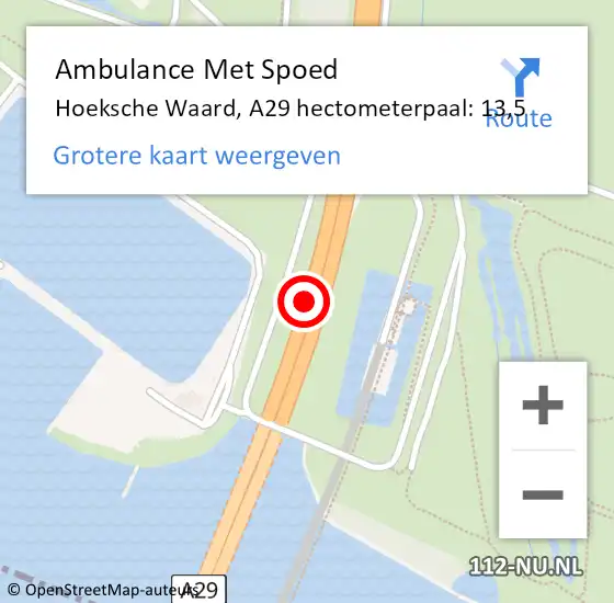 Locatie op kaart van de 112 melding: Ambulance Met Spoed Naar Hoeksche Waard, A29 hectometerpaal: 13,5 op 30 maart 2024 06:27