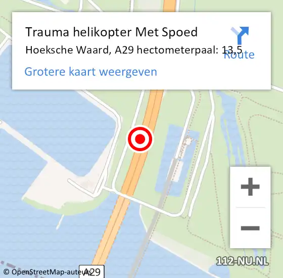 Locatie op kaart van de 112 melding: Trauma helikopter Met Spoed Naar Hoeksche Waard, A29 hectometerpaal: 13,5 op 30 maart 2024 06:30