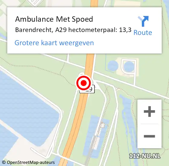 Locatie op kaart van de 112 melding: Ambulance Met Spoed Naar Barendrecht, A29 hectometerpaal: 13,3 op 30 maart 2024 06:31