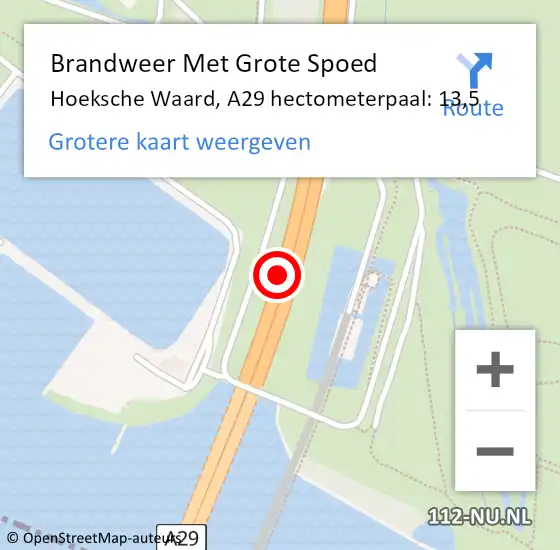 Locatie op kaart van de 112 melding: Brandweer Met Grote Spoed Naar Hoeksche Waard, A29 hectometerpaal: 13,5 op 30 maart 2024 06:41