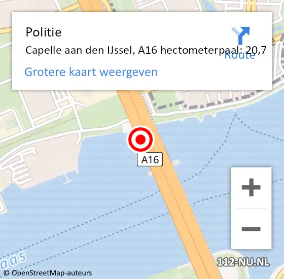 Locatie op kaart van de 112 melding: Politie Capelle aan den IJssel, A16 hectometerpaal: 20,7 op 30 maart 2024 08:06