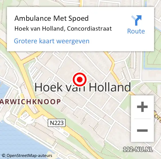 Locatie op kaart van de 112 melding: Ambulance Met Spoed Naar Hoek van Holland, Concordiastraat op 30 maart 2024 09:30