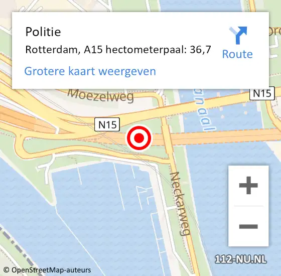 Locatie op kaart van de 112 melding: Politie Rotterdam, A15 hectometerpaal: 36,7 op 30 maart 2024 14:00