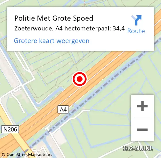 Locatie op kaart van de 112 melding: Politie Met Grote Spoed Naar Zoeterwoude, A4 hectometerpaal: 34,4 op 30 maart 2024 14:24