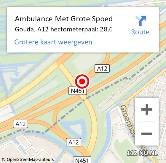 Locatie op kaart van de 112 melding: Ambulance Met Grote Spoed Naar Gouda, A12 hectometerpaal: 28,6 op 30 maart 2024 14:47