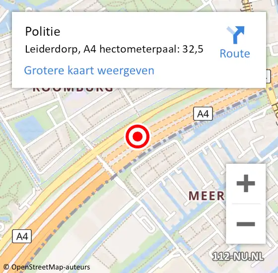 Locatie op kaart van de 112 melding: Politie Leiderdorp, A4 hectometerpaal: 32,5 op 30 maart 2024 15:40