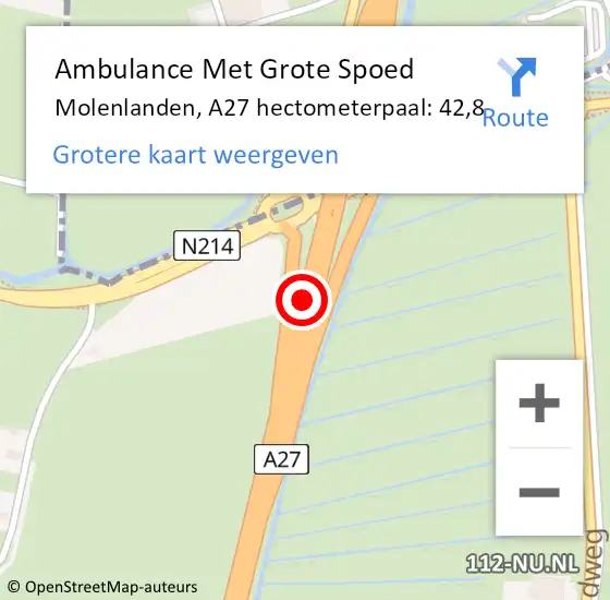 Locatie op kaart van de 112 melding: Ambulance Met Grote Spoed Naar Molenlanden, A27 hectometerpaal: 42,8 op 30 maart 2024 15:56