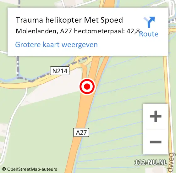 Locatie op kaart van de 112 melding: Trauma helikopter Met Spoed Naar Molenlanden, A27 hectometerpaal: 42,8 op 30 maart 2024 15:57