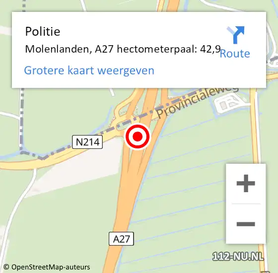 Locatie op kaart van de 112 melding: Politie Molenlanden, A27 hectometerpaal: 42,9 op 30 maart 2024 15:58