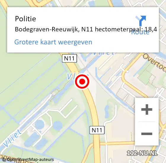Locatie op kaart van de 112 melding: Politie Bodegraven-Reeuwijk, N11 hectometerpaal: 18,4 op 30 maart 2024 16:27