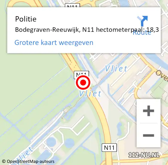 Locatie op kaart van de 112 melding: Politie Bodegraven-Reeuwijk, N11 hectometerpaal: 18,3 op 30 maart 2024 16:29