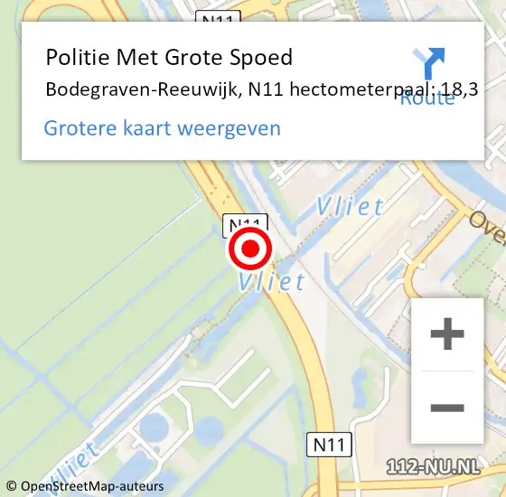 Locatie op kaart van de 112 melding: Politie Met Grote Spoed Naar Bodegraven-Reeuwijk, N11 hectometerpaal: 18,3 op 30 maart 2024 16:33