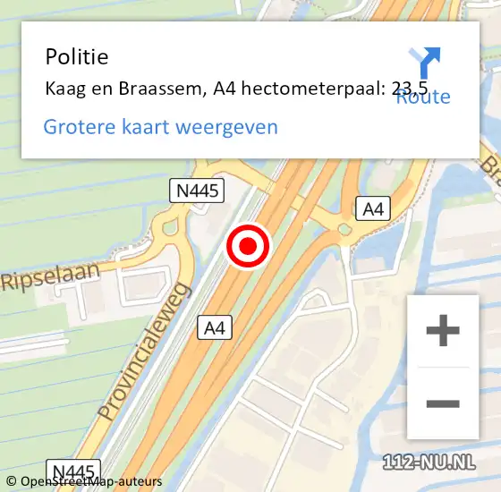 Locatie op kaart van de 112 melding: Politie Kaag en Braassem, A4 hectometerpaal: 23,5 op 30 maart 2024 16:35