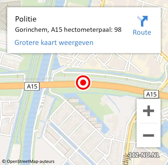 Locatie op kaart van de 112 melding: Politie Gorinchem, A15 hectometerpaal: 98 op 30 maart 2024 17:23