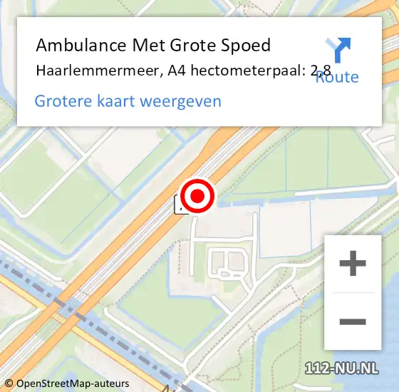 Locatie op kaart van de 112 melding: Ambulance Met Grote Spoed Naar Haarlemmermeer, A4 hectometerpaal: 2,8 op 30 maart 2024 23:41
