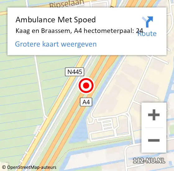 Locatie op kaart van de 112 melding: Ambulance Met Spoed Naar Kaag en Braassem, A4 hectometerpaal: 24 op 31 maart 2024 04:15