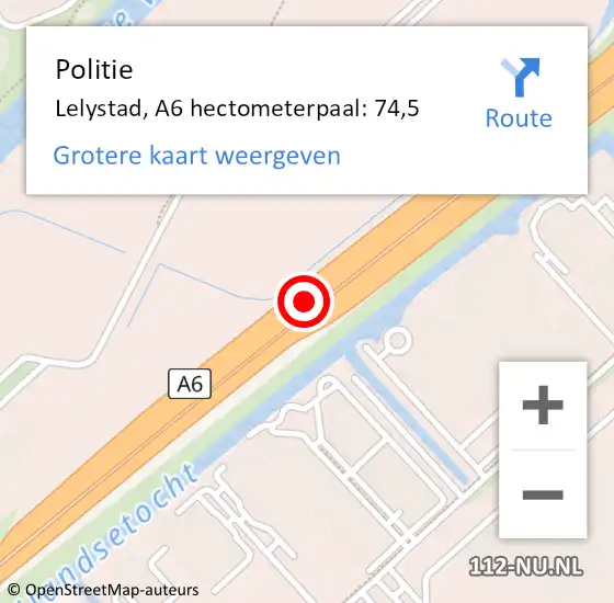 Locatie op kaart van de 112 melding: Politie Lelystad, A6 hectometerpaal: 74,5 op 31 maart 2024 08:10