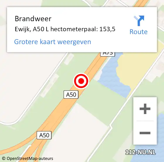 Locatie op kaart van de 112 melding: Brandweer Ewijk, A50 L hectometerpaal: 153,5 op 30 september 2014 20:22