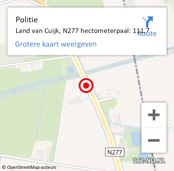 Locatie op kaart van de 112 melding: Politie Land van Cuijk, N277 hectometerpaal: 111,7 op 31 maart 2024 10:33