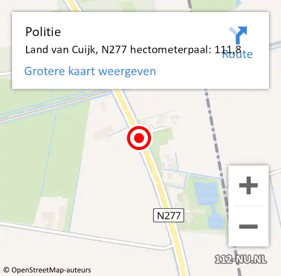 Locatie op kaart van de 112 melding: Politie Land van Cuijk, N277 hectometerpaal: 111,8 op 31 maart 2024 10:44