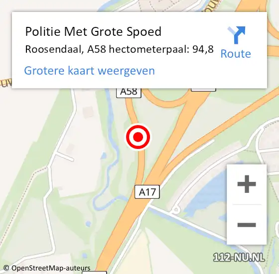 Locatie op kaart van de 112 melding: Politie Met Grote Spoed Naar Roosendaal, A58 hectometerpaal: 94,8 op 31 maart 2024 10:59