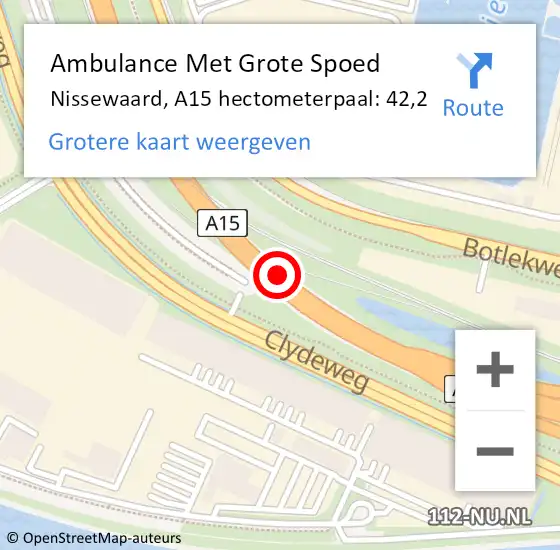 Locatie op kaart van de 112 melding: Ambulance Met Grote Spoed Naar Nissewaard, A15 hectometerpaal: 42,2 op 31 maart 2024 13:47