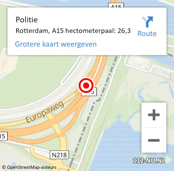 Locatie op kaart van de 112 melding: Politie Rotterdam, A15 hectometerpaal: 26,3 op 31 maart 2024 13:55
