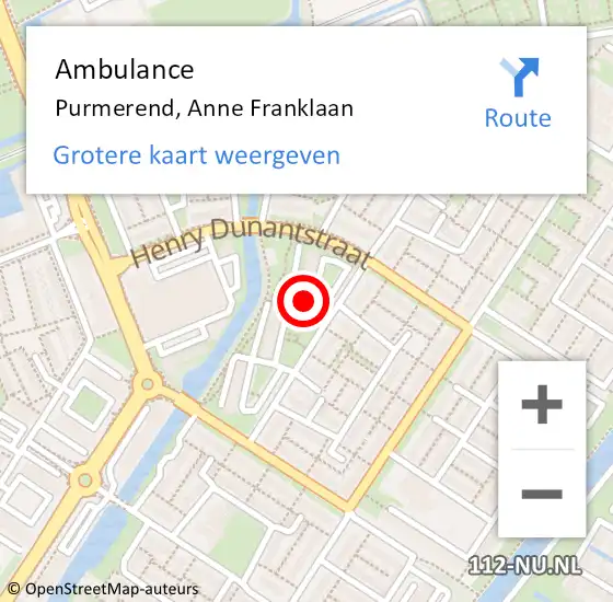 Locatie op kaart van de 112 melding: Ambulance Purmerend, Anne Franklaan op 31 maart 2024 16:39
