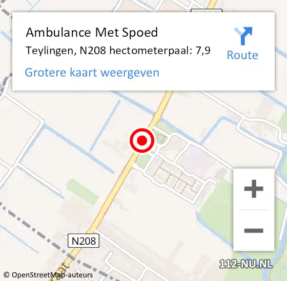Locatie op kaart van de 112 melding: Ambulance Met Spoed Naar Teylingen, N208 hectometerpaal: 7,9 op 31 maart 2024 17:39