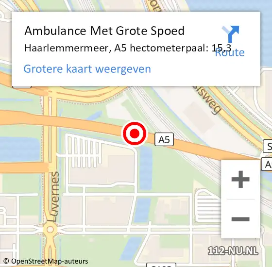 Locatie op kaart van de 112 melding: Ambulance Met Grote Spoed Naar Haarlemmermeer, A5 hectometerpaal: 15,3 op 31 maart 2024 19:26