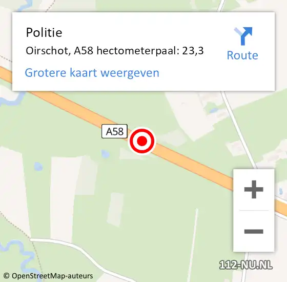 Locatie op kaart van de 112 melding: Politie Oirschot, A58 hectometerpaal: 23,3 op 1 april 2024 00:53