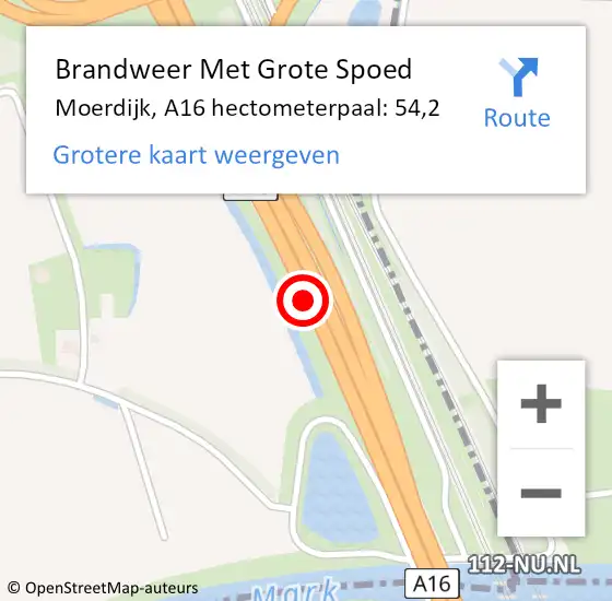 Locatie op kaart van de 112 melding: Brandweer Met Grote Spoed Naar Moerdijk, A16 hectometerpaal: 54,2 op 1 april 2024 09:00