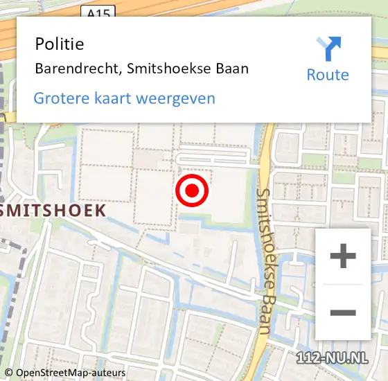 Locatie op kaart van de 112 melding: Politie Barendrecht, Smitshoekse Baan op 1 april 2024 14:59