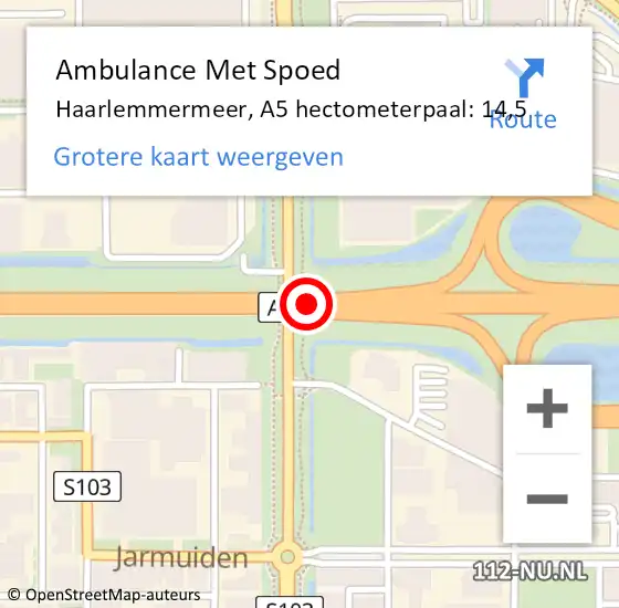 Locatie op kaart van de 112 melding: Ambulance Met Spoed Naar Haarlemmermeer, A5 hectometerpaal: 14,5 op 1 april 2024 15:21
