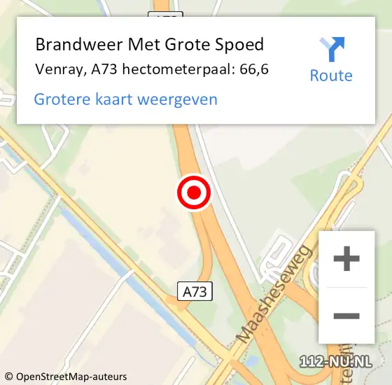 Locatie op kaart van de 112 melding: Brandweer Met Grote Spoed Naar Venray, A73 hectometerpaal: 66,6 op 1 april 2024 17:58