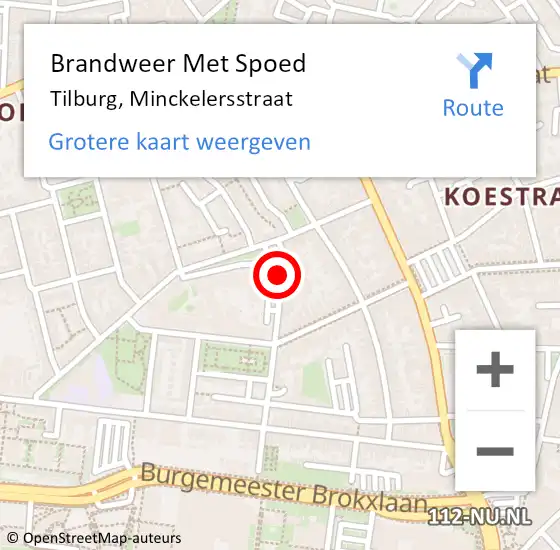 Locatie op kaart van de 112 melding: Brandweer Met Spoed Naar Tilburg, Minckelersstraat op 1 april 2024 18:22